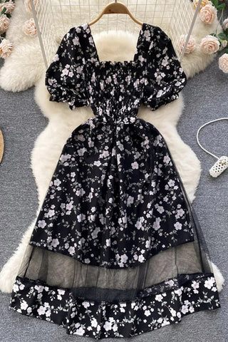 Romantic Floral Print Mesh Patchwork Two Piece Set