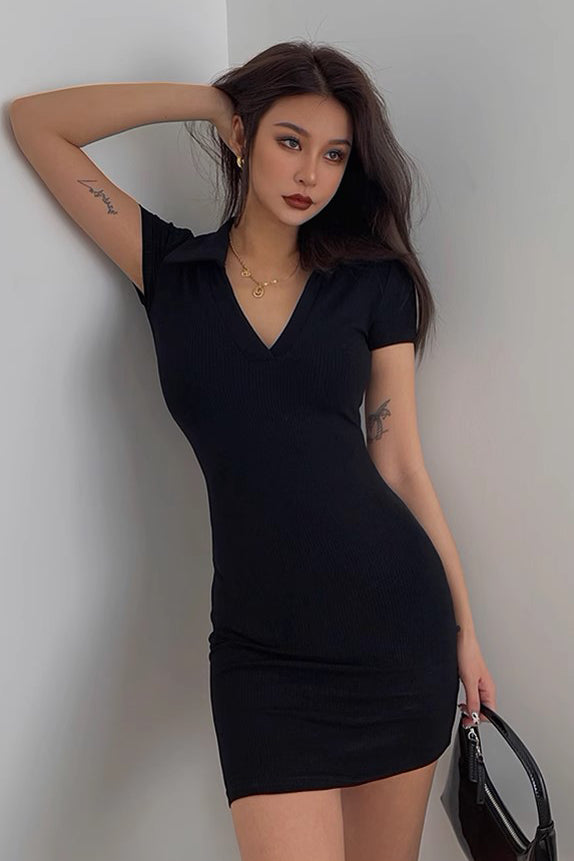 Sexy S-Shaped High Elastic Deep V-Lapel Short Sleeved Dress