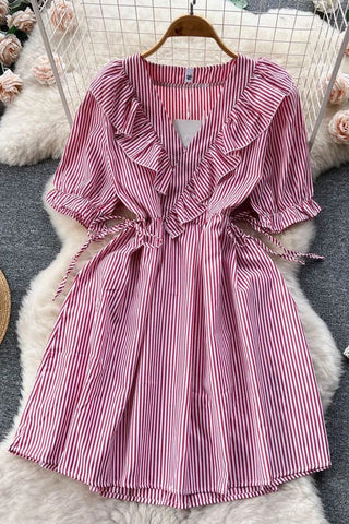 Ruffled V-neck Slim Waist Stripes Print Short Dress Elegant Puff Sleeve Dress