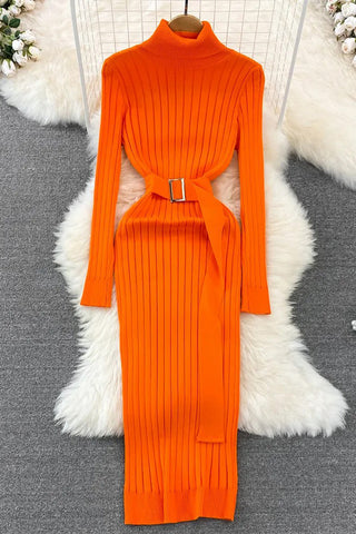 Long High Split Knit Dress Ladies Elegant Sweater Dress