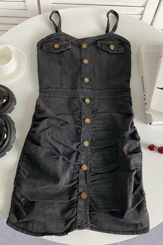 Slim Waist Denim Dress Single-breasted Strap Ruched Bodycon Dress