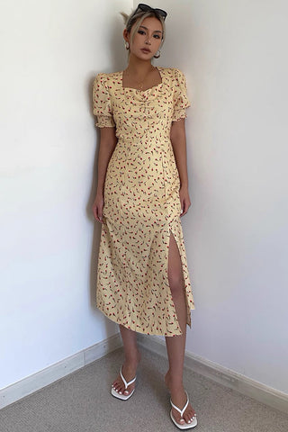 Square Neck Split Yellow Floral Dress