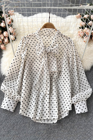 Polka Dot Blouse Sweet Bow Collar Long Sleeve Lady Tops Elegant Chiffon Shirts