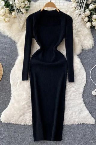 Elegant Square Collar Knitted Bodycon Long Dress