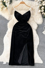 Elegant Pearl Straps Long Party Dress High Split Backless Velvet Bodycon Dress