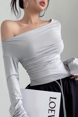 Oblique Shoulder Long Sleeve T-Shirt Sexy Pleated Waist Top