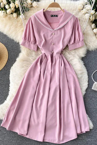 Elegant V-neck Buttons Midi Dress Short Sleeve Female Party Dress