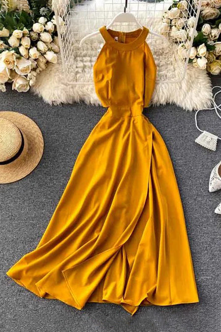 Sleeveless Long Dress Female Split Slim Dress Ladies Solid A-line Party Dress