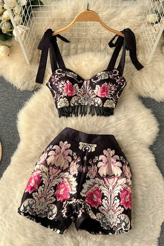 Embroidery Tassel Two Piece Sets Striped Camisole Zipper Mini Shorts Retro Court Floral Suits