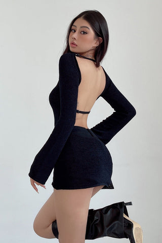 Backless Knitted Long Sleeve Mini Dress