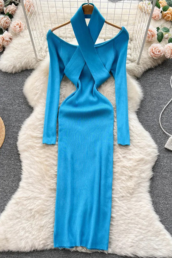 Elegant Cross Knitted Bodycon Dress Slim Elastic Long Sleeve Sweater Dress