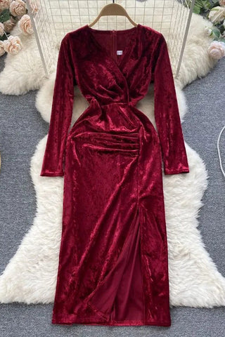 Velvet Long Dress Retro V-neck High Split Elegant Party Dress