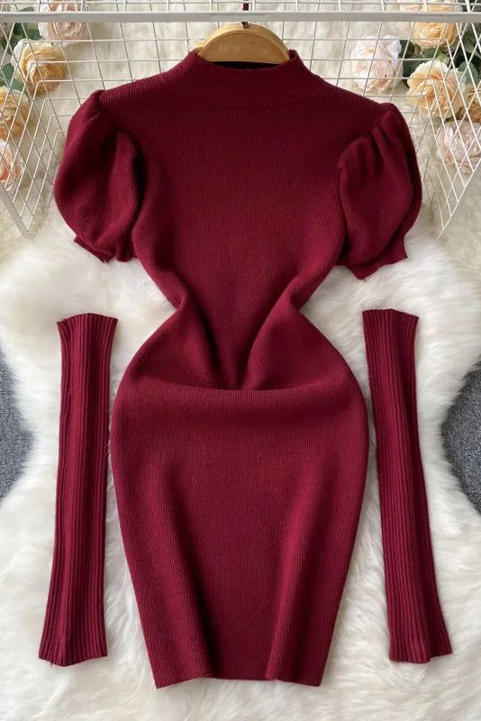 Clothes Puff Sleeve Knitted Bodycon Robe Dresses