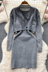 Set Knitted Straps Bodycon Mini Dress and Full Sleeve Short Cardigans Sweaters