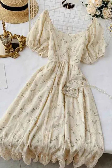 Romantic Lace Embroidery Party Dress Elegant Floral Print Short Puff Sleeve Gothic Dress