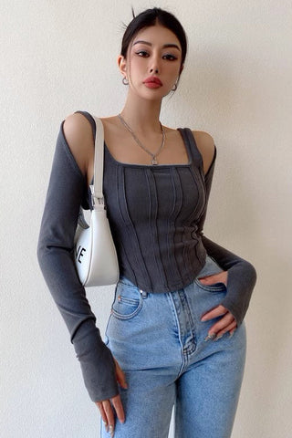 Sexy Square Neck Strap Slim Fit Long Sleeve Top Two Piece