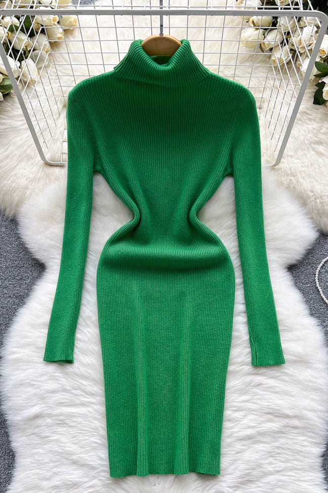 Turtleneck Knitted Dress Long Sleeves Slim Elastic Warm Dress