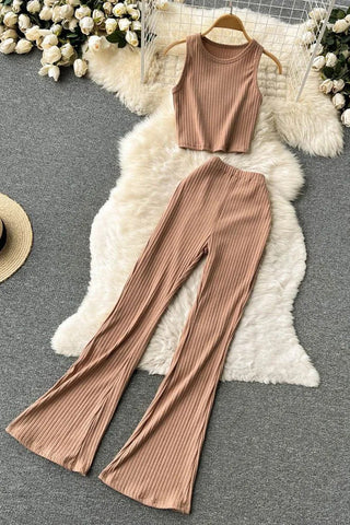 Two Piece Set Chic Sleeveless Crop Tops and Long Flare Pants Female Suits