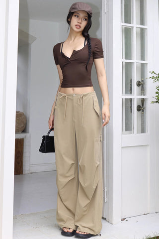 Drawstring Waist Pocket Side Cargo Pants