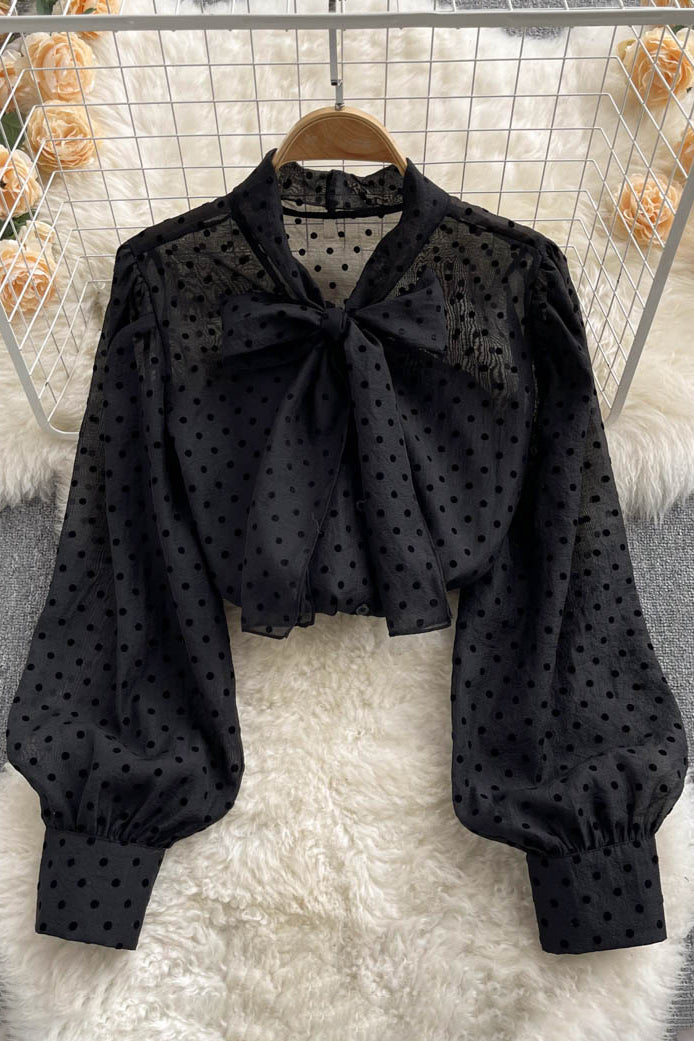 Polka Dot Bluse Süße Schleife Kragen Langarm Dame Tops Elegante Chiffon Shirts