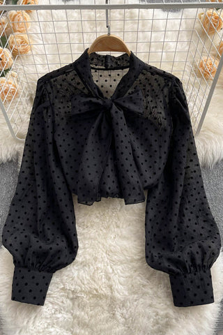 Polka Dot Blouse Sweet Bow Collar Long Sleeve Lady Tops Elegant Chiffon Shirts