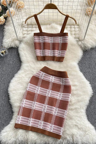 Two Piece Plaid Knitted Short Cami Tops and High Waist Elastic Skirts