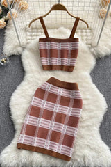 Two Piece Plaid Knitted Short Cami Tops and High Waist Elastic Skirts