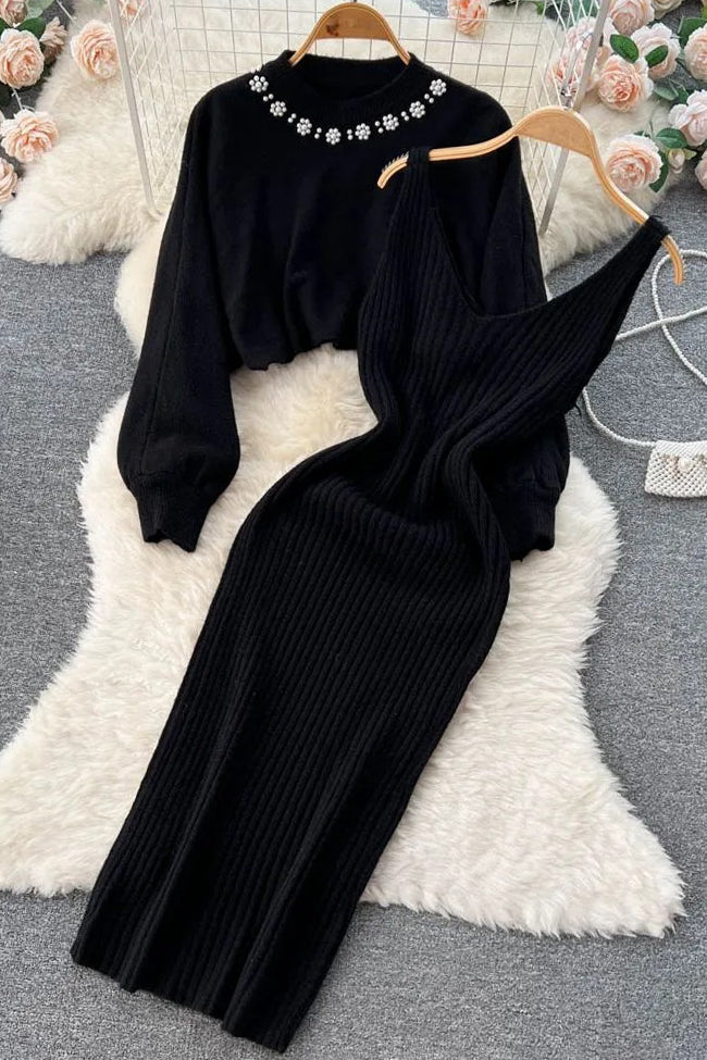 Set Elegant Pearl O-neck Knitted Sweaters + Strap Dress Two Piece Suits