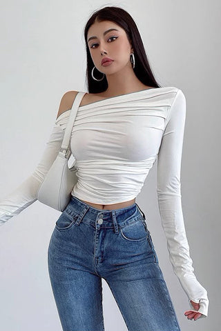 Tight Off Shoulder White Pleated T-Shirt