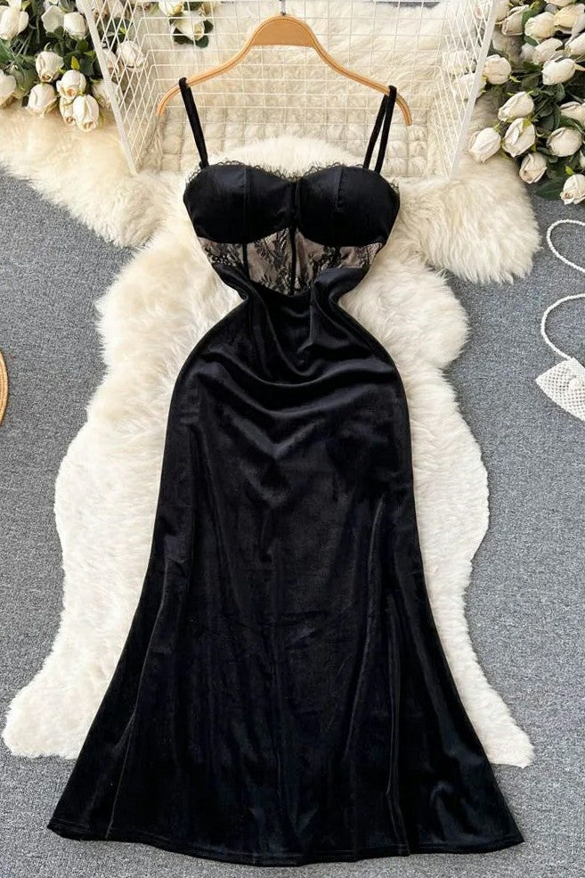 Strap Dress Elegant Lace Gothic Velvet Long Dress