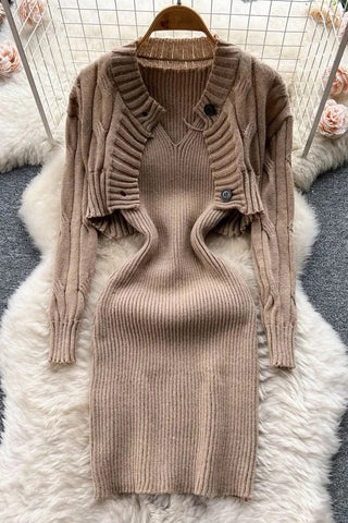 Set Knitted Straps Bodycon Mini Dress and Full Sleeve Short Cardigans Sweaters