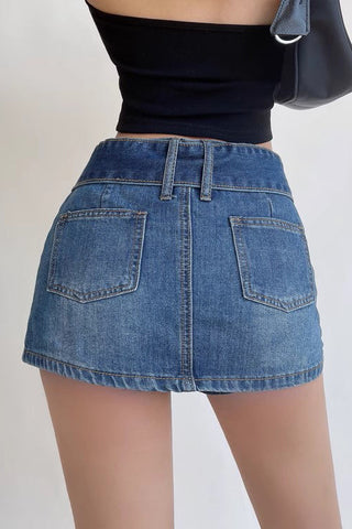 Vintage Wide Belt A-Line Denim Sexy Mini Skirt