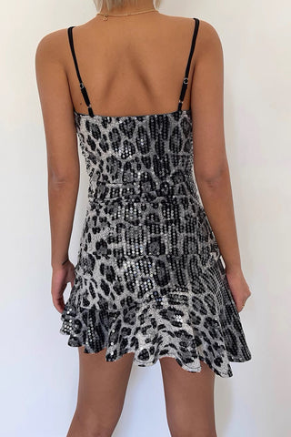 Sequin Leopard Print High Waisted Suspender Dress