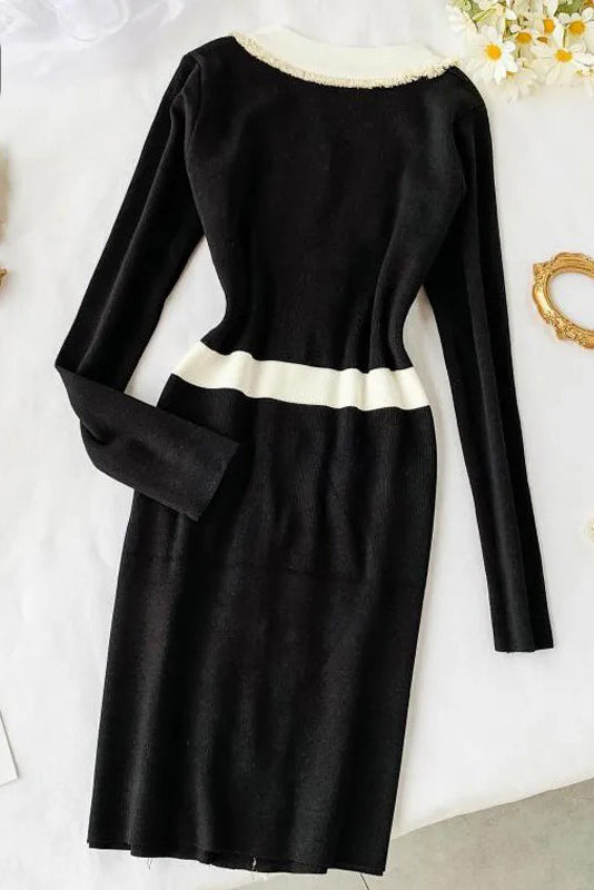 Elegant Knitted Dress Long Sleeve Dress Ladies V Neck Office Dress