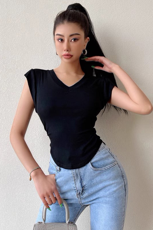 Curved Hem Short Top V-Neck Short Sleeved T-Shirt