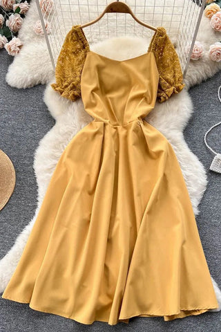 Robe longue élégante en dentelle à manches bouffantes et ceinture pour femme, tenue de soirée ou de vacances