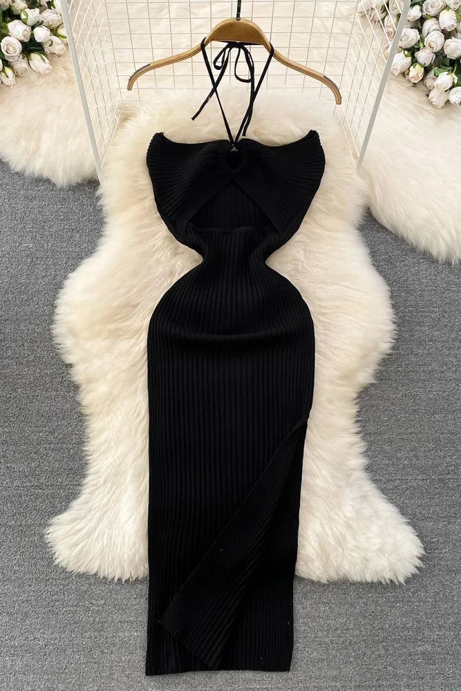 Knitted Strapless Wrap Hips High Split Bodycon Dress