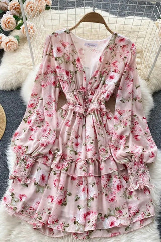 V-neck Buttons Corset Floral Print Short Chiffon Dress