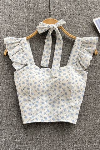 Damen Top mit quadratischem Ausschnitt, Schleife und Rüschen, kurzes Unterhemd, Blumenmuster, elastische Taille