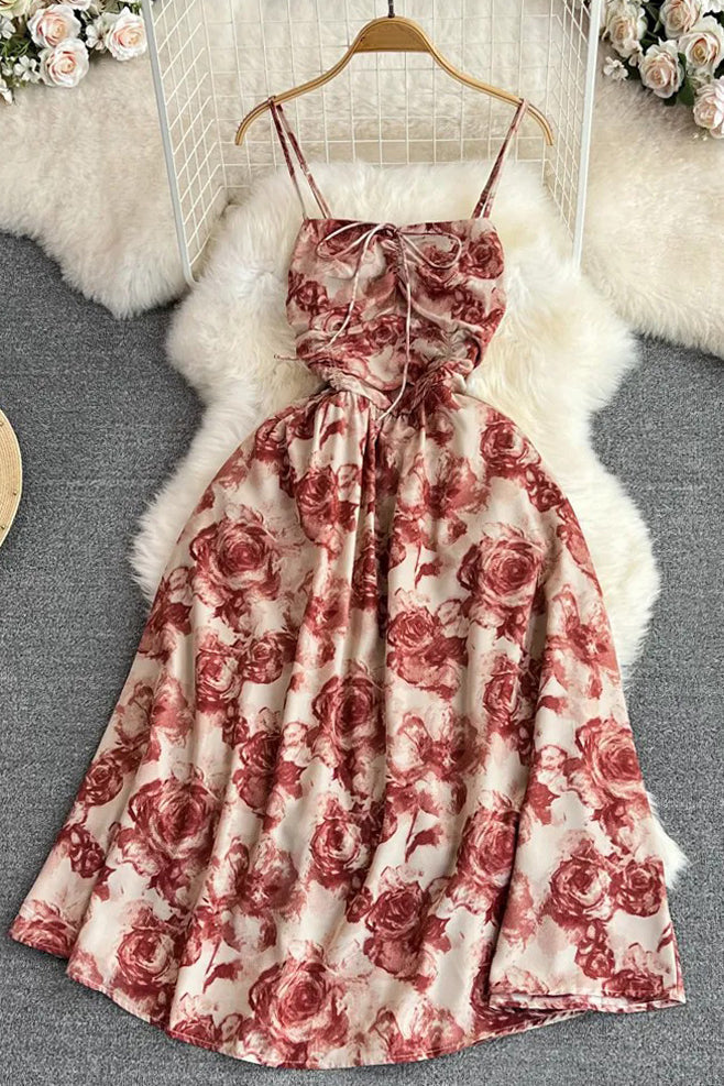 Romantic Rose Print Strap Dress Vintage High Waist Big Swing Long Party Dress