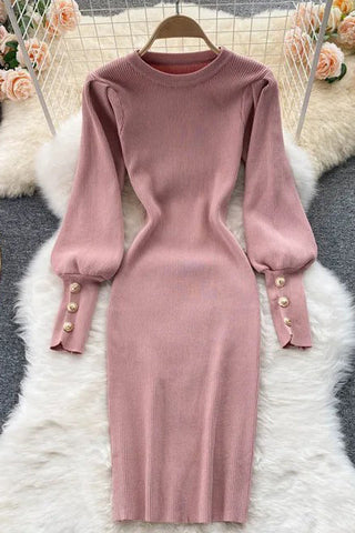 Elegant Buttons Puff Sleeve O-Neck Knit Dress