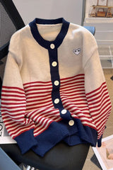 Knitted Cardigan Sweaters Casual O-neck Striped Knitwear Coats