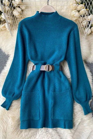 Sash Bandage Elegant Puff Sleeve Knitted Short Dress