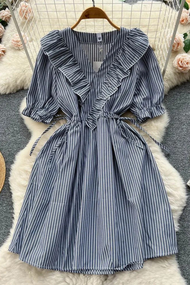 Ruffled V-neck Slim Waist Stripes Print Short Dress Elegant Puff Sleeve Dress