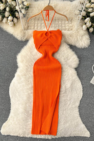 Knit Dress Slim Backless Hollow Out Ladies Elegant Long Dresses