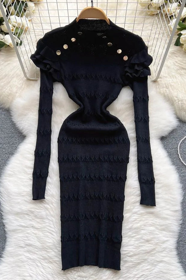 Ruffled Dress For Slim Elastic Knitted Sweater Dress