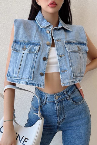 Short Casual Denim Vest Lapel Sleeveless Vest Jacket