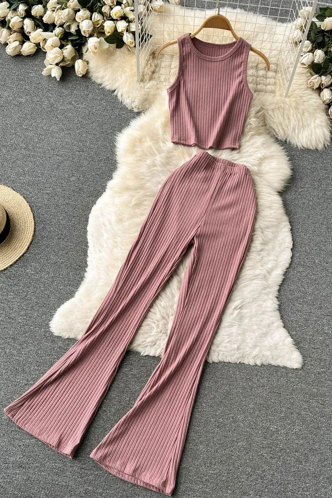 Two Piece Set Chic Sleeveless Crop Tops and Long Flare Pants Female Suits
