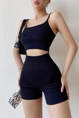 Casual Strap Vest Tank Top High Waist Tight Wrap Hip Shorts Fitness Set Two Piece Set