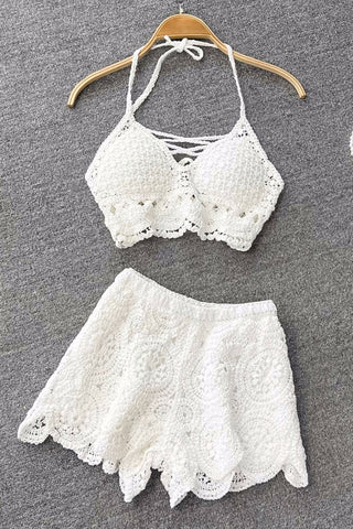 Knit Two Piece Sets Vacation Backless Camisole Elastic Waist Shorts Hollow Out Suits